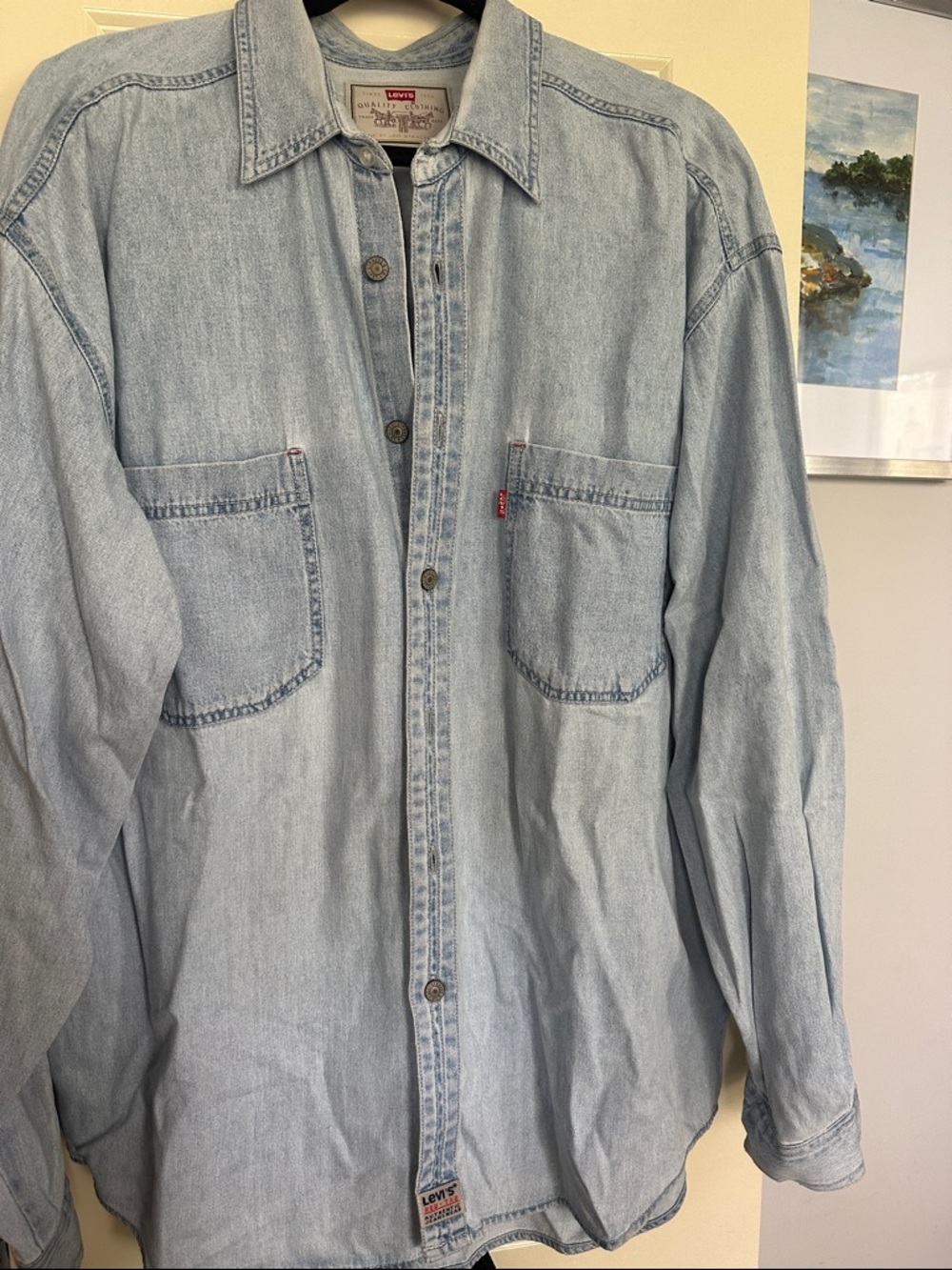 Vintage Levi's Red Tab Faded Light Blue Denim Shirt Jacket XL with Chest Pockets